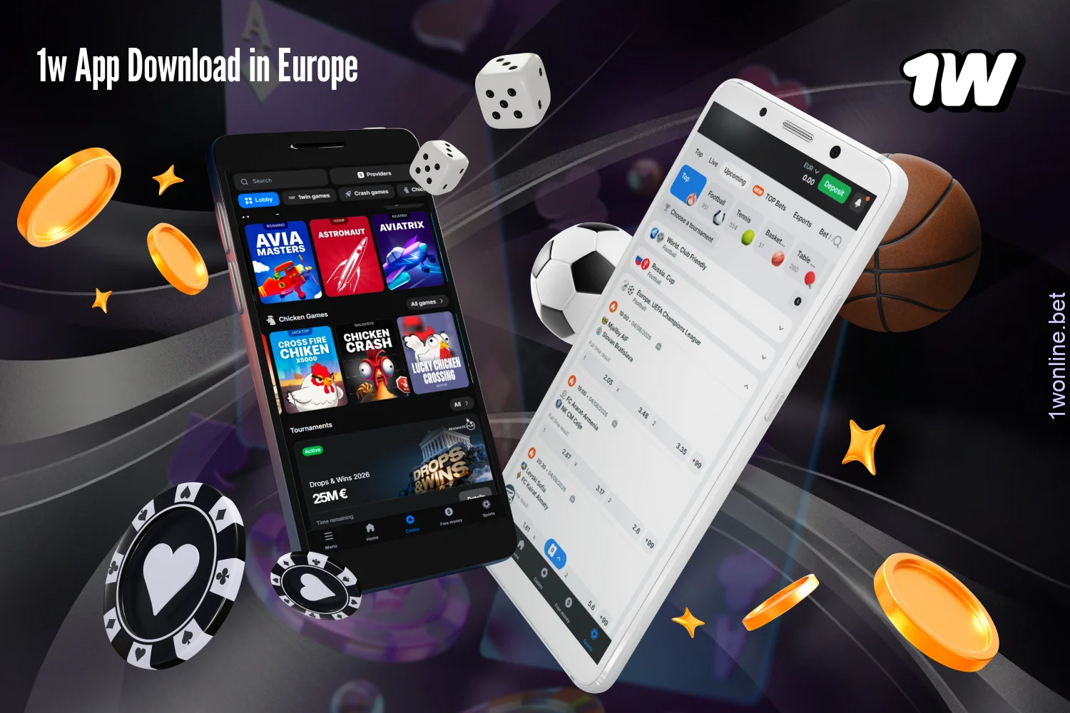 In the 1w mobile application, users from Europe can place bets on sports, play slots and live casinos