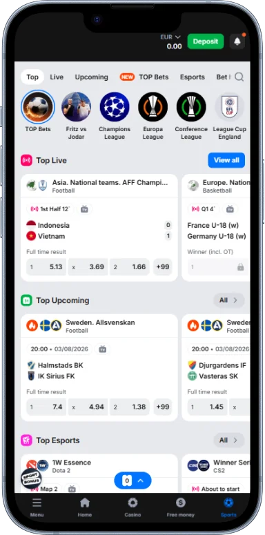 The sports betting section is accessible from the 1w app's main menu