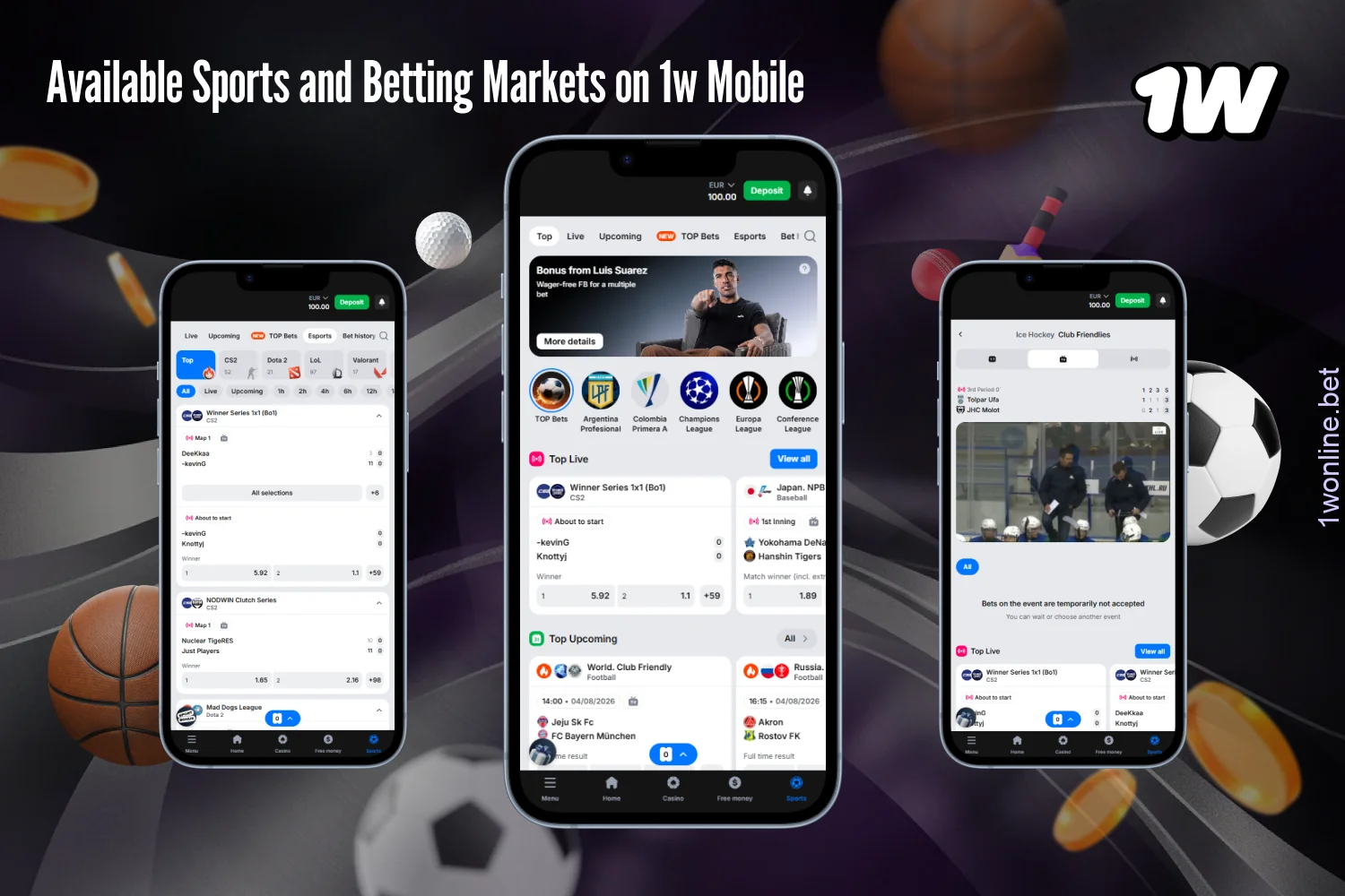 Users from Europe can explore various sports categories in the 1w app