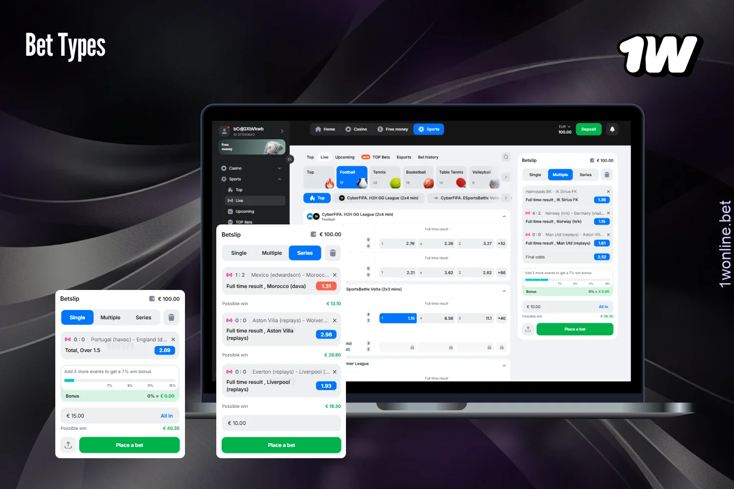 Players can choose from several core betting options at 1w
