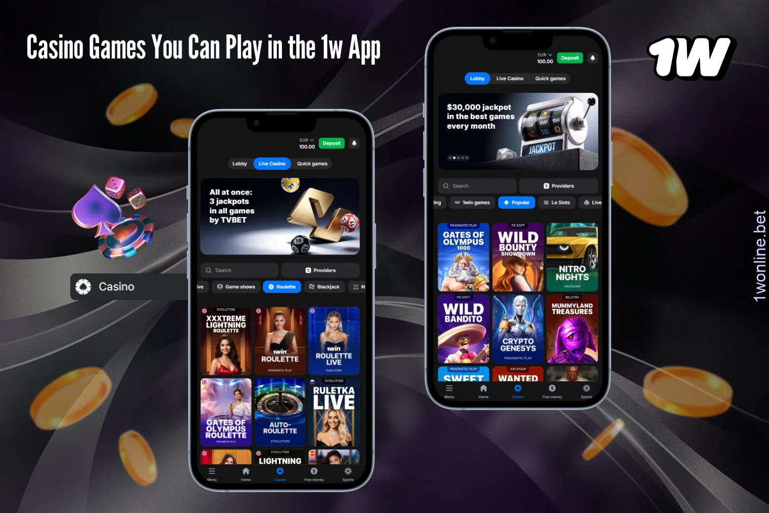 The 1w mobile app provides convenient access to casino games