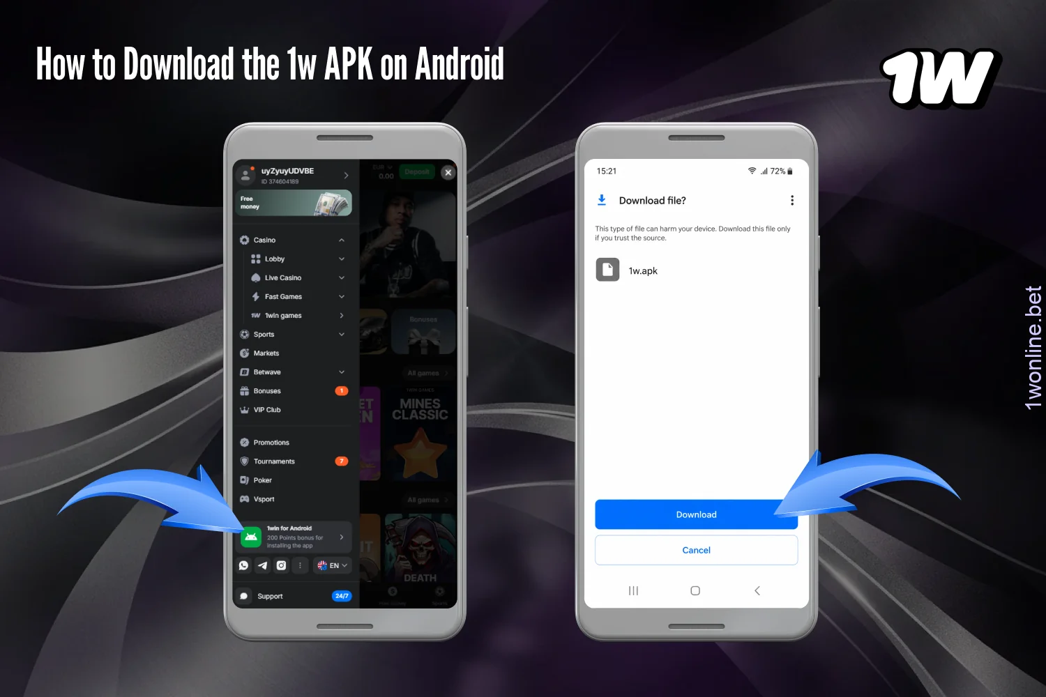 European users can easily and quickly download and install the latest version of 1w Apk from the official website