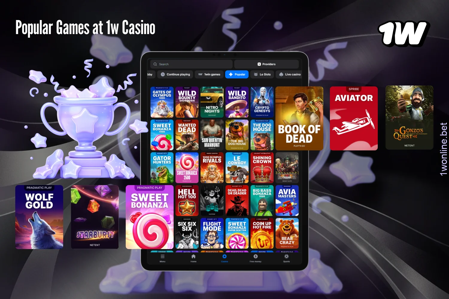 Players at 1w Casino can choose from slots, crash games, table games, and many other popular games