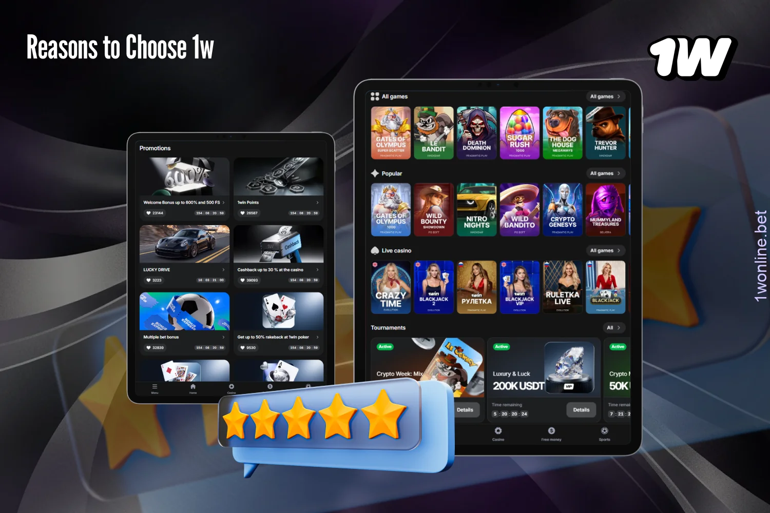 1w stands out for its extensive coverage of sporting events, a vast library of games, and flexible payment options for users from Europe