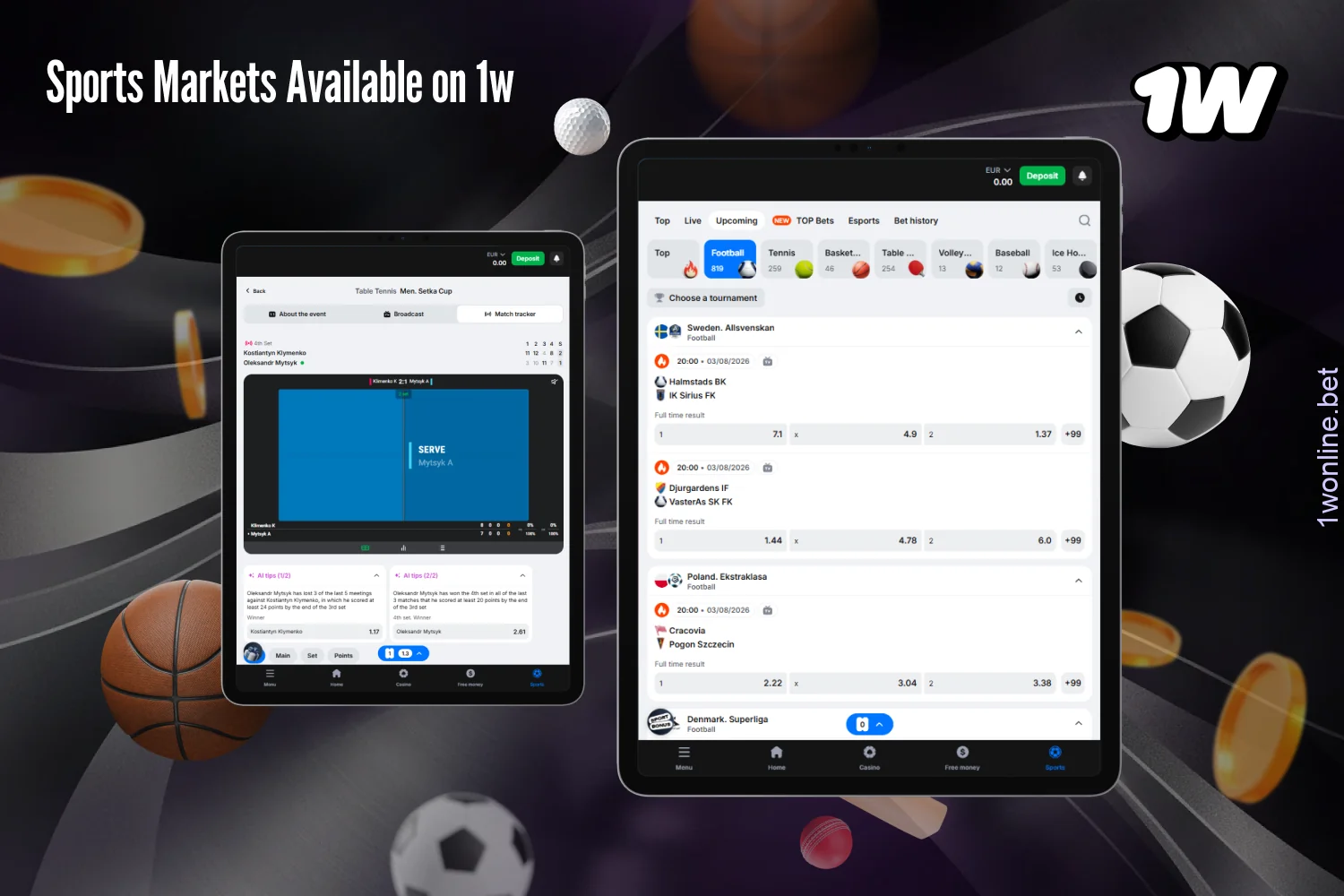 Registered users at 1w Europe can place bets on sports, esports, and virtual matches